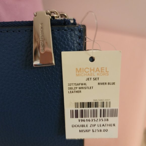 MICHAEL KORS Jet Set Double Zip Pebbled Leather Wristlet-River Blue Sale 🎈$114⭐ - Picture 16 of 16